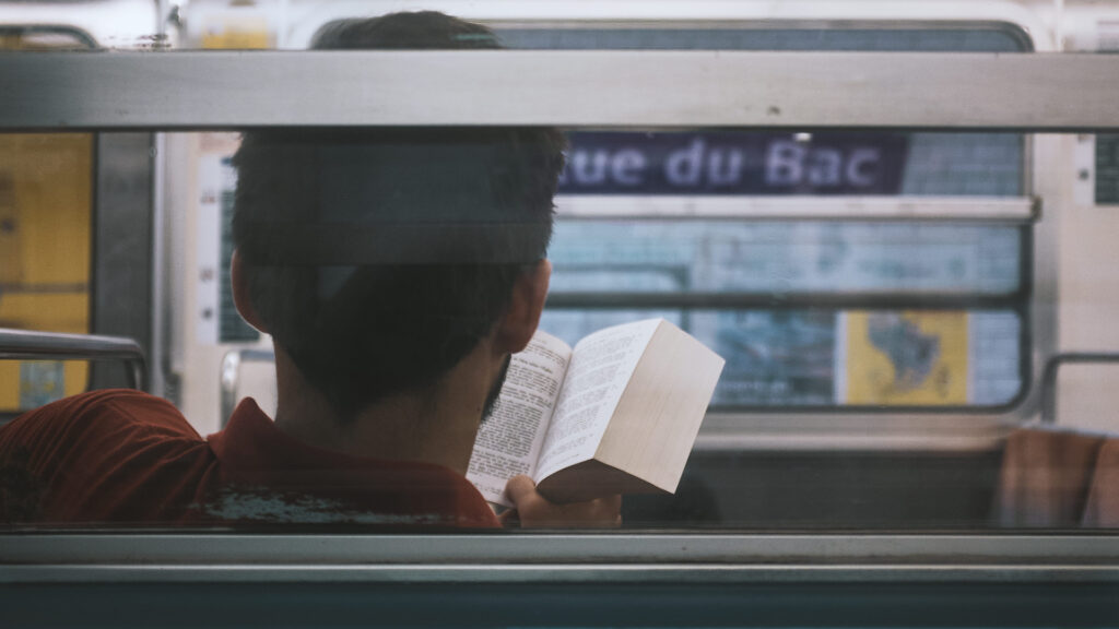 man reading inside train, paris, france, person, book, metro