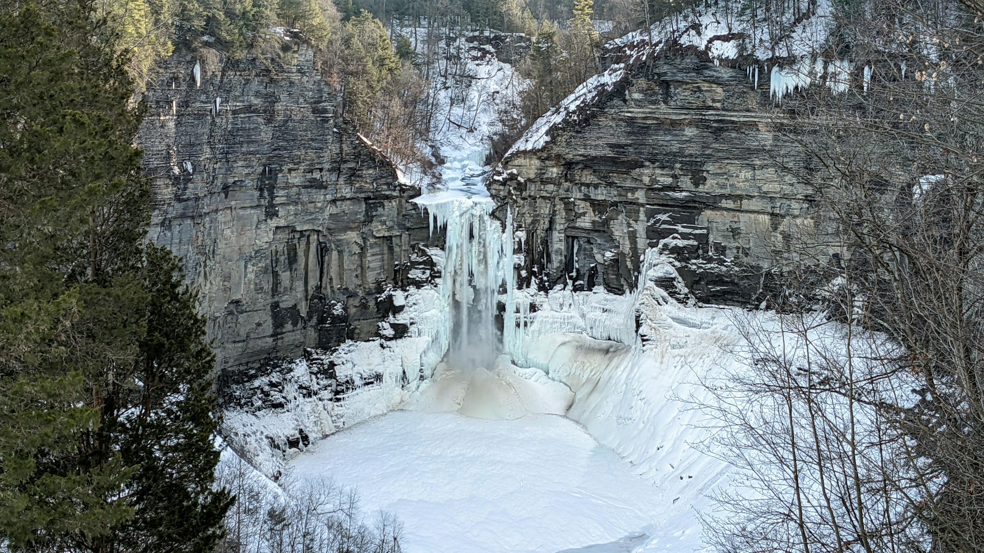 A frozen waterfall in the middle of a forest photo – Free Ny Image on Unsplash
