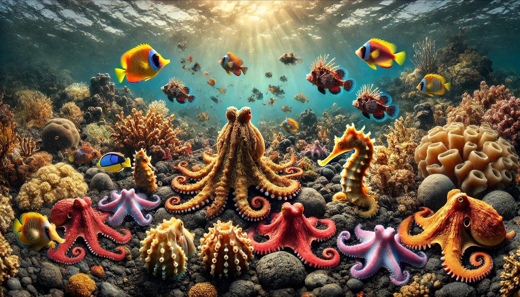 An underwater scene from Lembeh Strait, Indonesia, showcasing vibrant marine life including mimic octopus, pygmy seahorses, flamboyant cuttlefish, and frogfish on volcanic seabeds, with crystal-clear water and sunlight streaming through the surface.